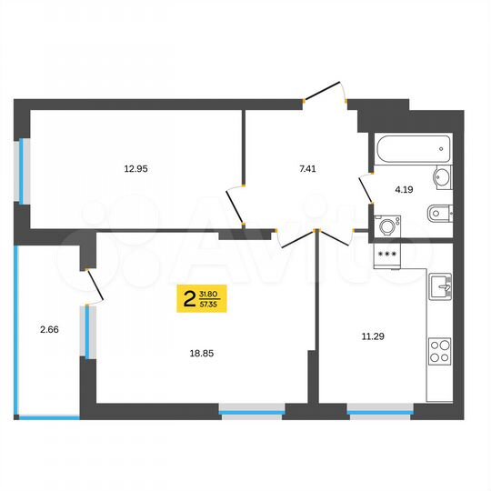 2-к. квартира, 57,4 м², 12/18 эт.