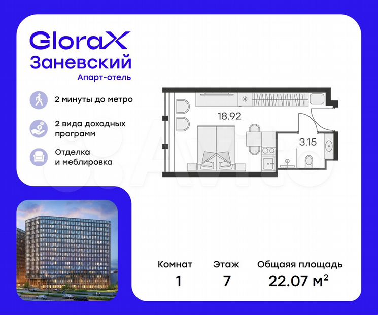 Апартаменты-студия, 21 м², 7/15 эт.