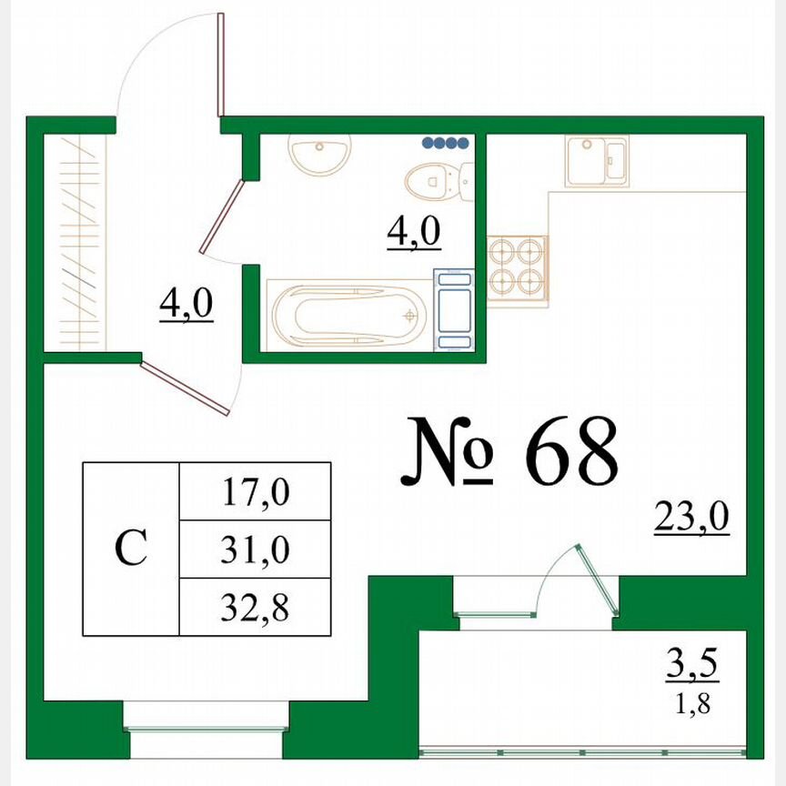 Квартира-студия, 32,8 м², 8/8 эт.