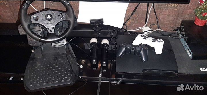 Ps3 slim прошитая, руль,мувики, джостик ps4
