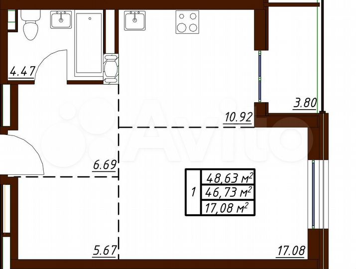 1-к. квартира, 48,6 м², 7/19 эт.