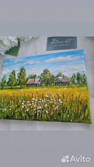 Картина маслом летний пейзаж домики цветы