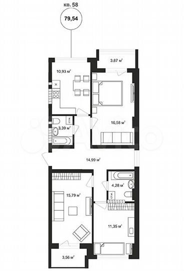 3-к. квартира, 84,7 м², 3/4 эт.