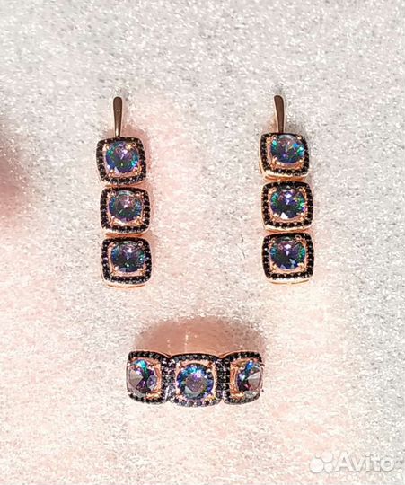 Серьги кольцо топаз мистик цирконы золото