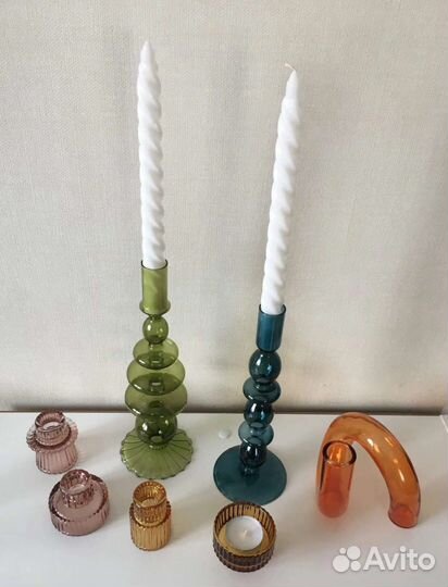 Подсвечник винтажный интерьерный цветное стекло