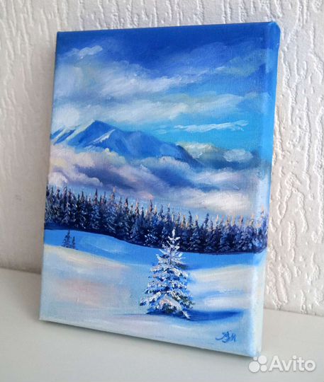 Картина с зимним пейзажем маслом на холсте