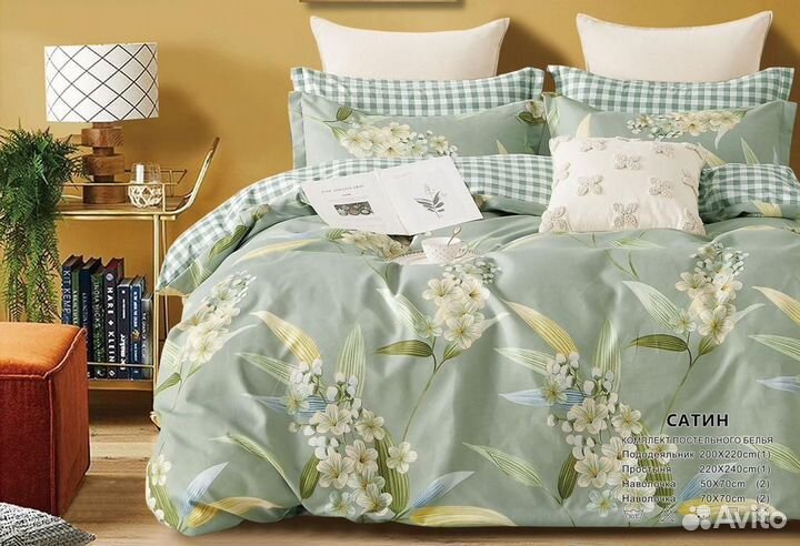 Постельное белье Евро сатин Зеленый, синий