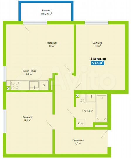 3-к. квартира, 53,6 м², 3/9 эт.
