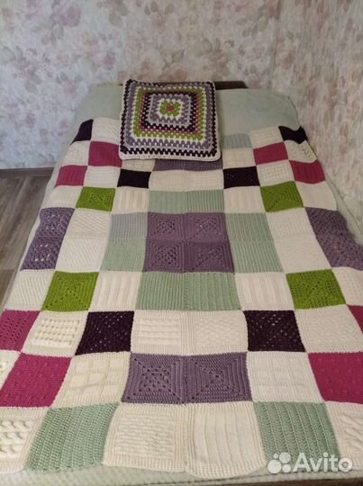 Плед и подушка вязанные, ручная работа