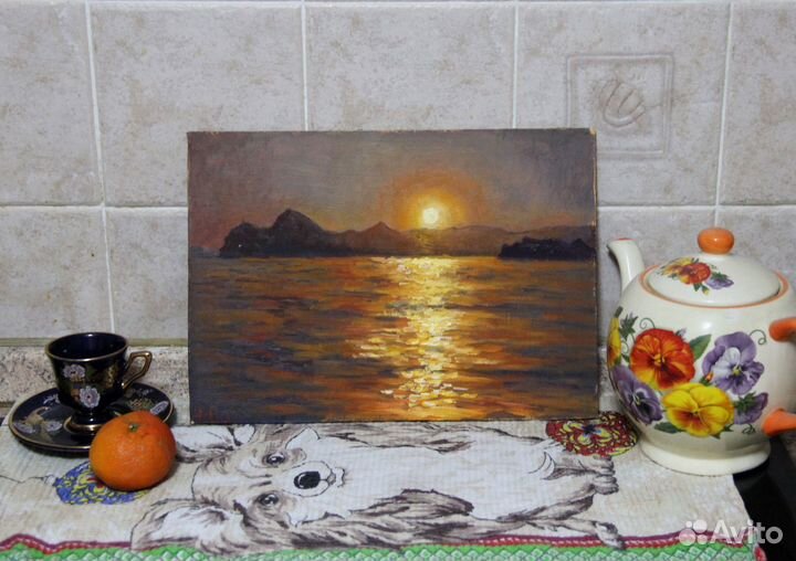 Картина маслом морской пейзаж Закат над Карадагом