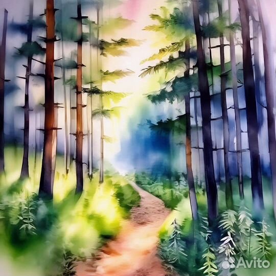 Картины акварель лес холсте 50х50 см