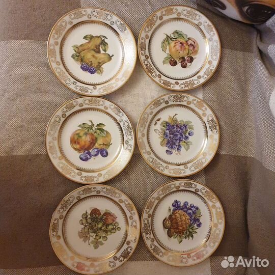 Набор 6 тарелок,фарфор,деколь,золочение,Kahla, гдр