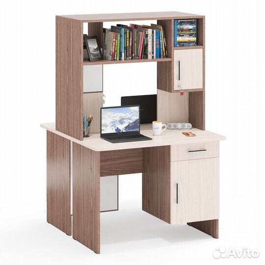 Два стола письменных с надстройкой Мебельный Двор 1-09Н цвет ясень шимо светлый/тёмный