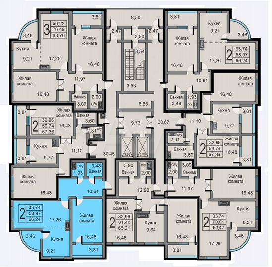 2-к. квартира, 66,2 м², 4/19 эт.