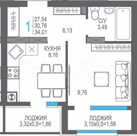 1-к. квартира, 30,8 м², 3/8 эт.
