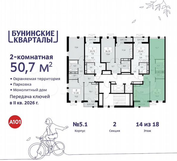 2-к. квартира, 50,7 м², 14/18 эт.