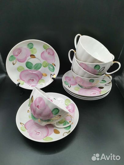 Чайная пара Розы Дулево Костяной фарфор СССР