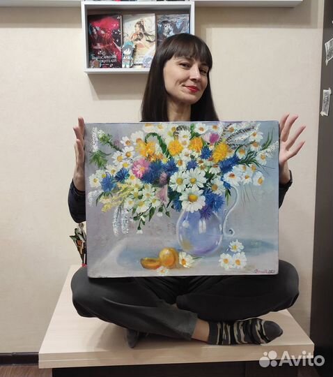 Картина маслом натюрморт с полевыми цветами, яркий