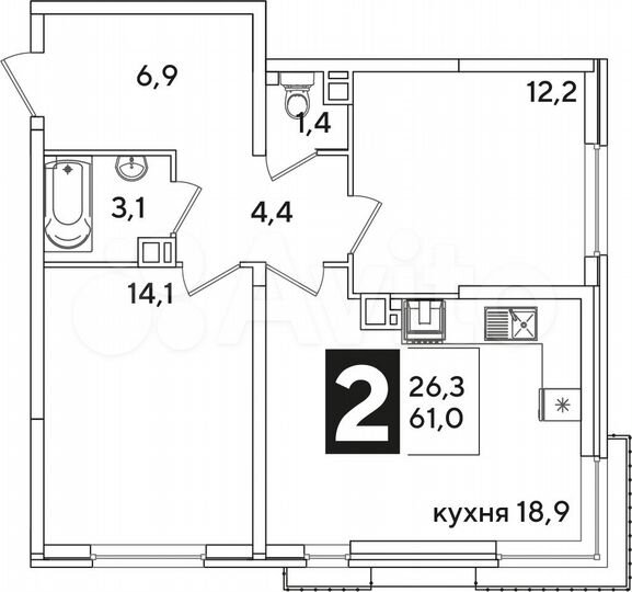 2-к. квартира, 61 м², 2/16 эт.