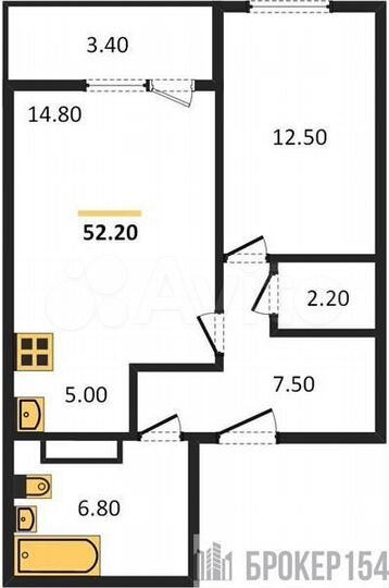 1-к. квартира, 52,2 м², 7/9 эт.