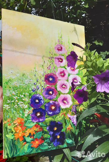 Картина с цветами летний букет мальва