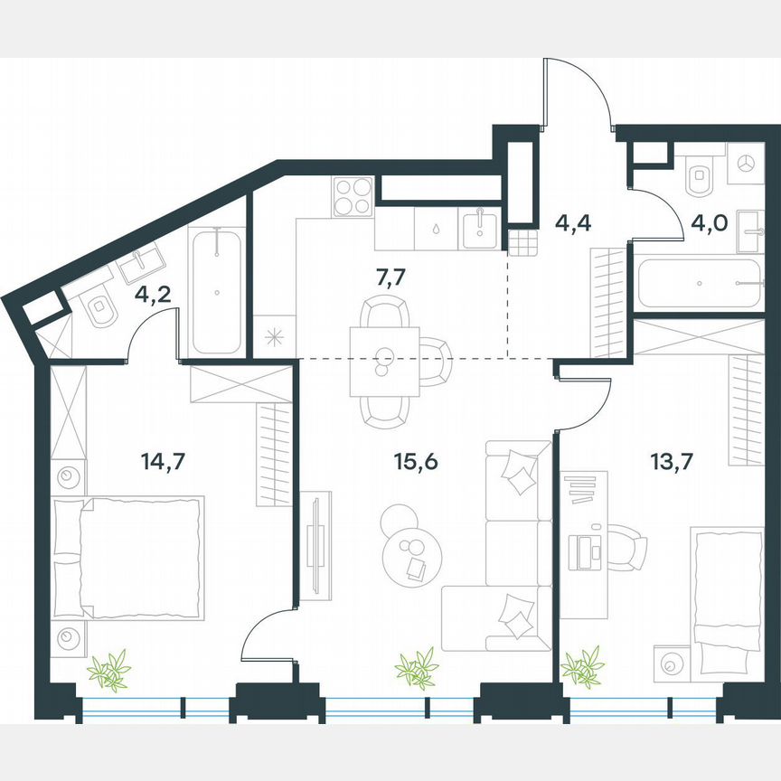 2-к. квартира, 64,3 м², 17/19 эт.