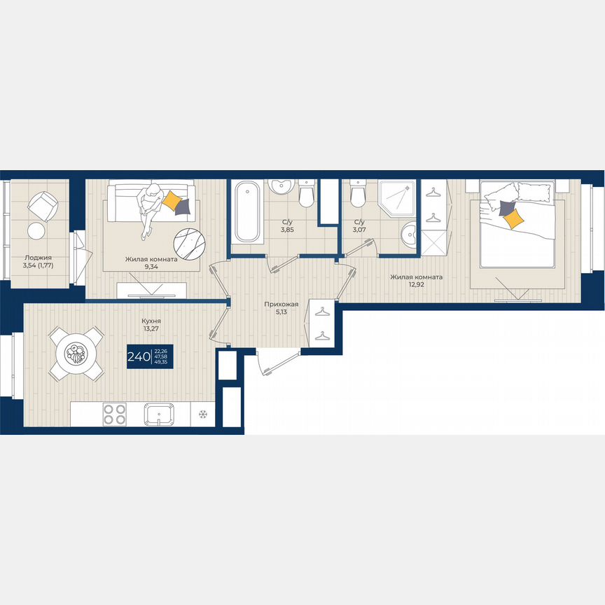 2-к. квартира, 49,4 м², 12/12 эт.