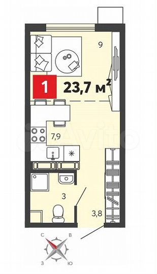 Квартира-студия, 23,7 м², 12/12 эт.