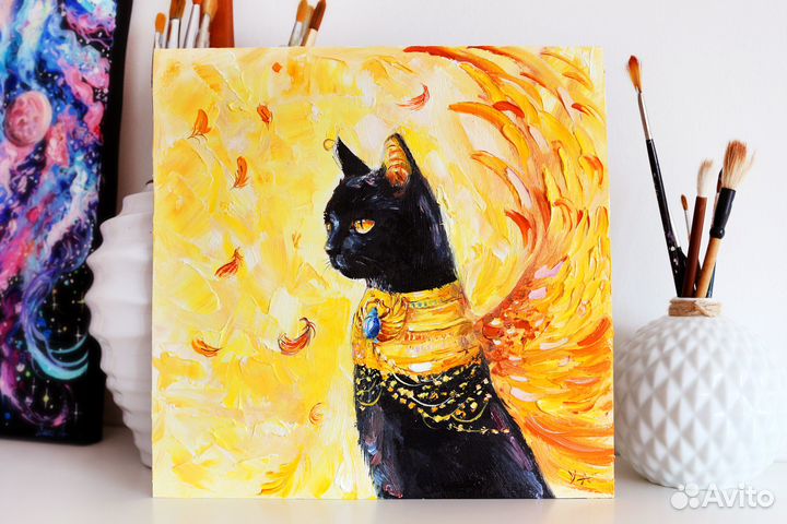 Картина маслом черная кошка Бастет