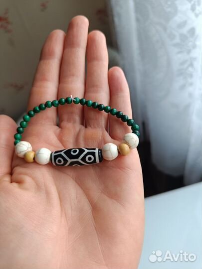 Браслет, бусина дзи, лазурит, нефрит