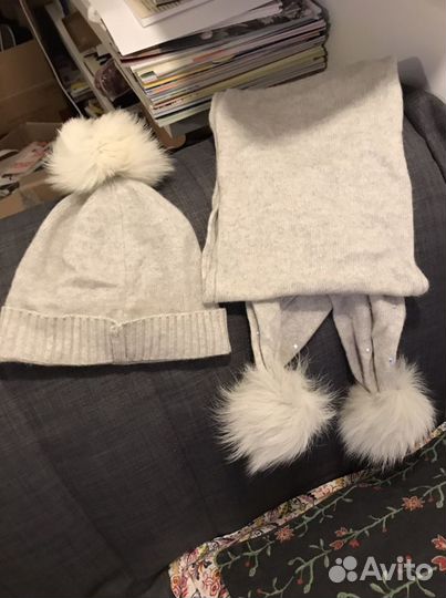 Кашемировые шапка и шарф серые (+ красная)