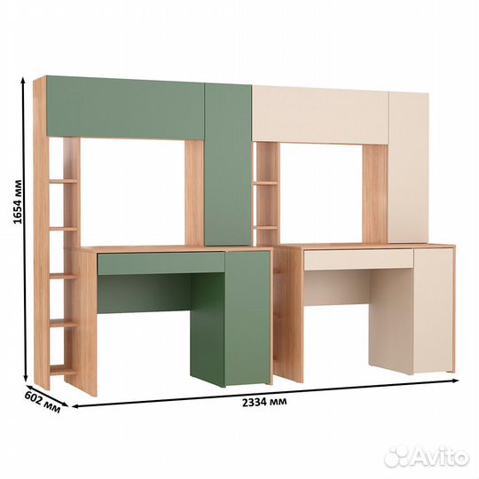 Два больших компьютерных стола Mobi Комфорт 12.71 цвет гикори рокфорд/дым.зелёный/сатин