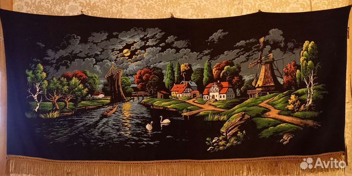 Винтажный ковер, сельский пейзаж с лебедями