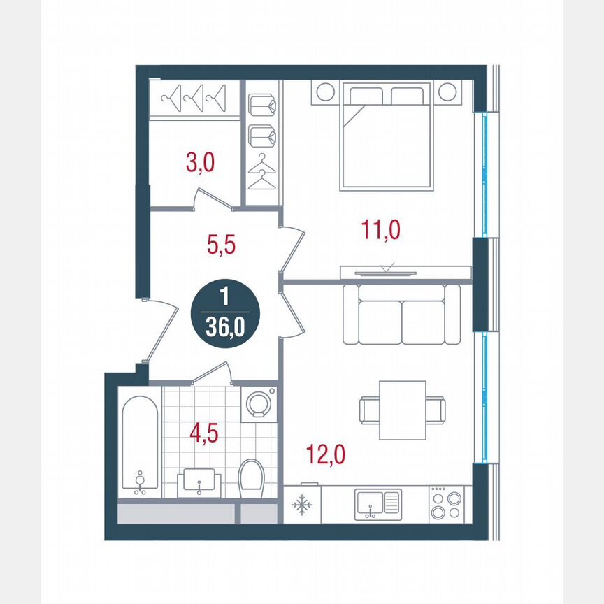 1-к. квартира, 36 м², 19/32 эт.