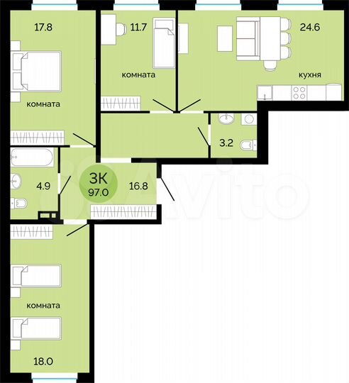 3-к. квартира, 97 м², 9/14 эт.