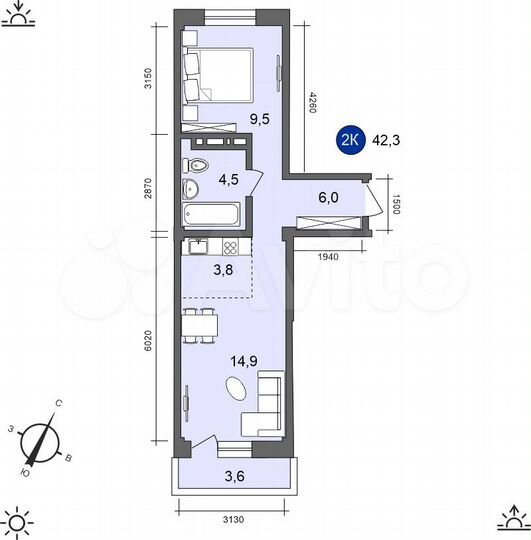 2-к. квартира, 42,3 м², 7/10 эт.