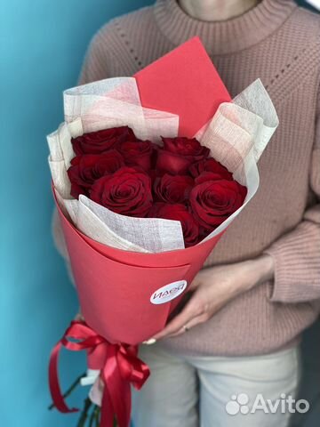 Букет из 9 красных Роз Эквадор в фоамиране 60 см