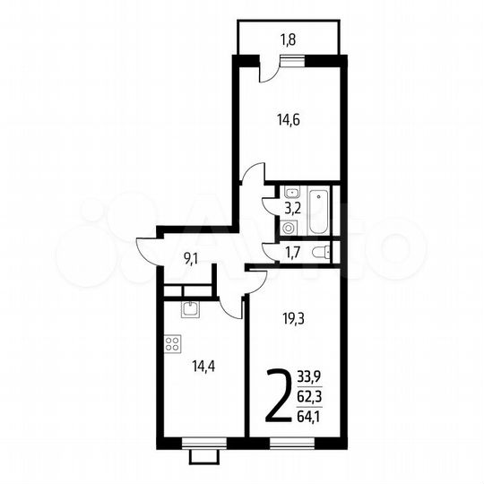 2-к. квартира, 64,1 м², 12/12 эт.