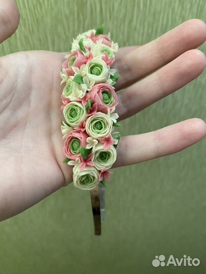 Ободок для волос с цветами полимерная глина