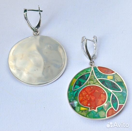 Серьги и кольцо. Эмаль, бирюза, коралл, серафинит