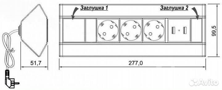 Блок розеток угловой 3uvro,2USB