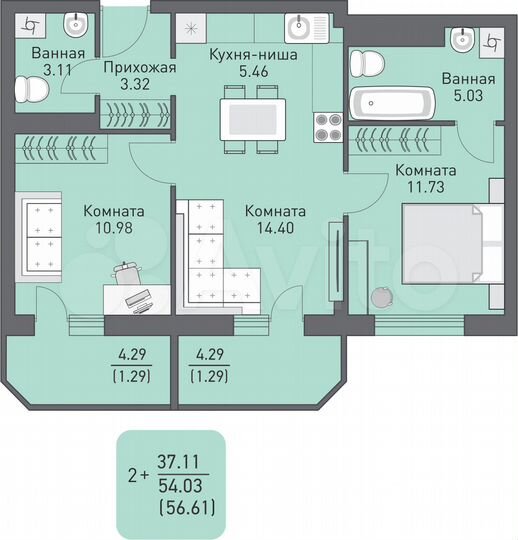 3-к. квартира, 56,7 м², 10/16 эт.