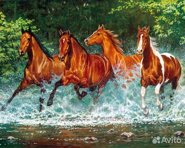 Алмазная мозаика 40x50 Дикие лошади на реке