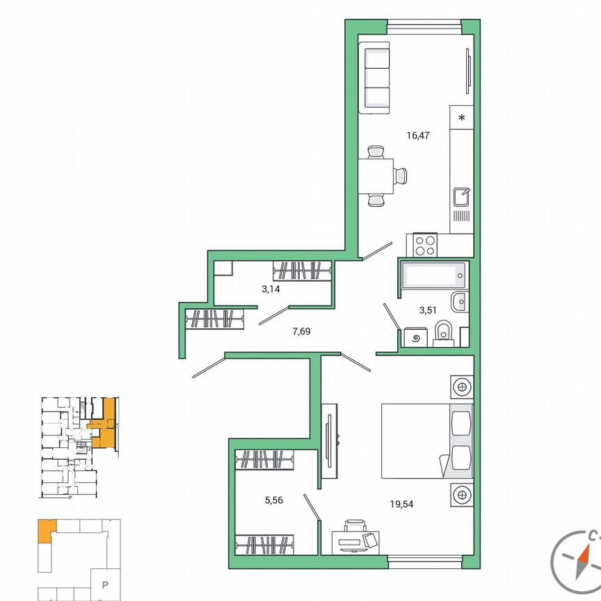 1-к. квартира, 55,7 м², 1/7 эт.