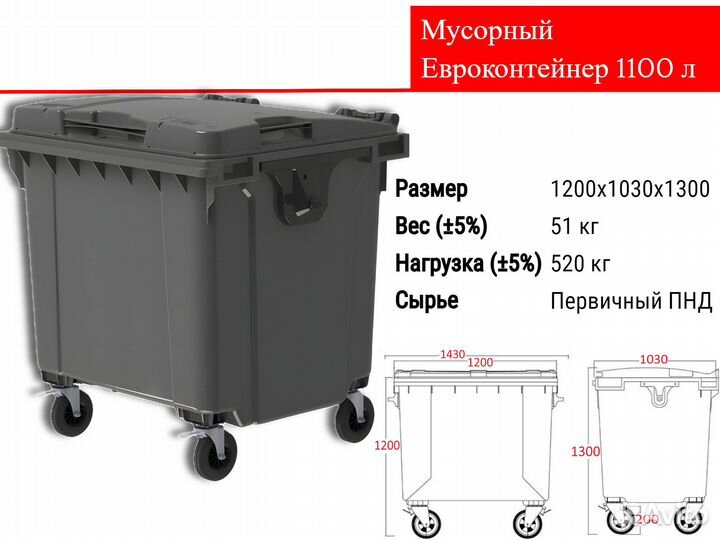 Мусорный Пластиковый Евроконтейнер 1100л C2629