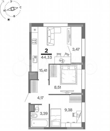 2-к. квартира, 44,3 м², 11/25 эт.