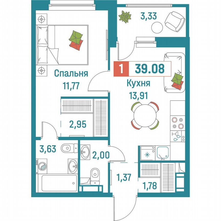 1-к. квартира, 39,1 м², 5/18 эт.