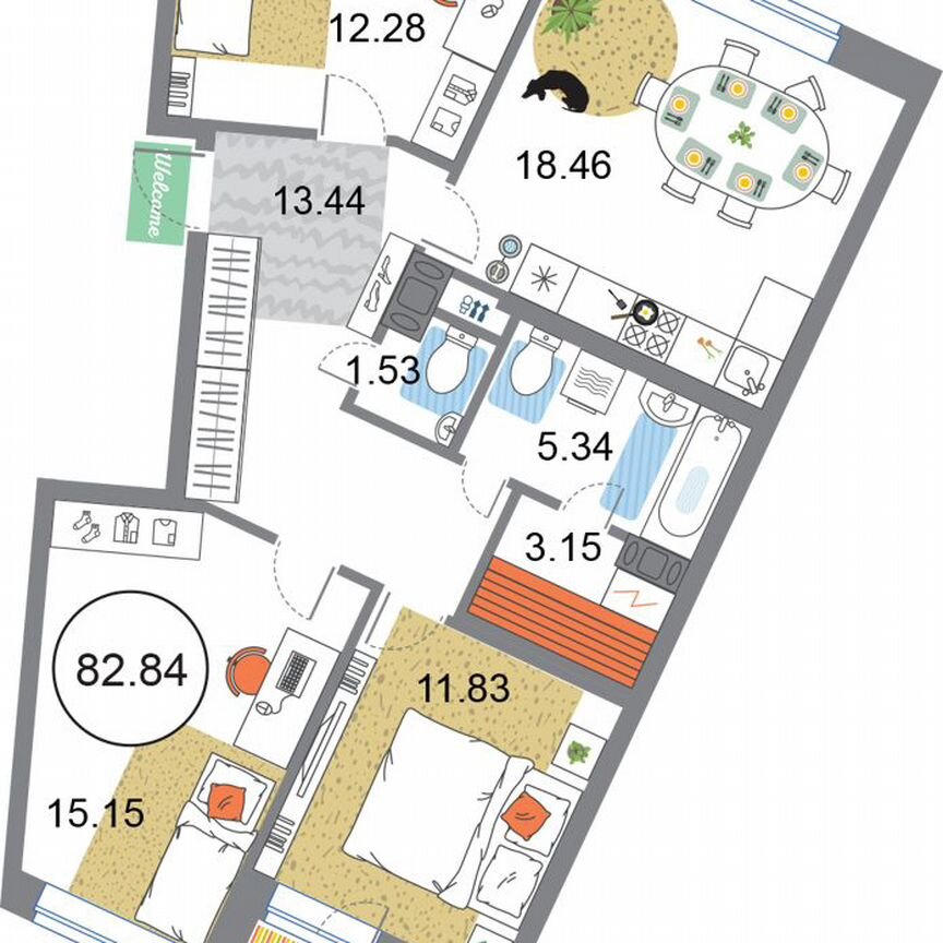 3-к. квартира, 82,8 м², 9/12 эт.