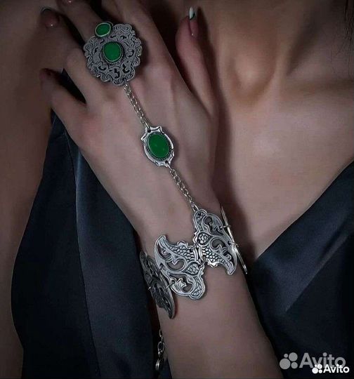 Браслет с кольцом слейв посеребренный Жади