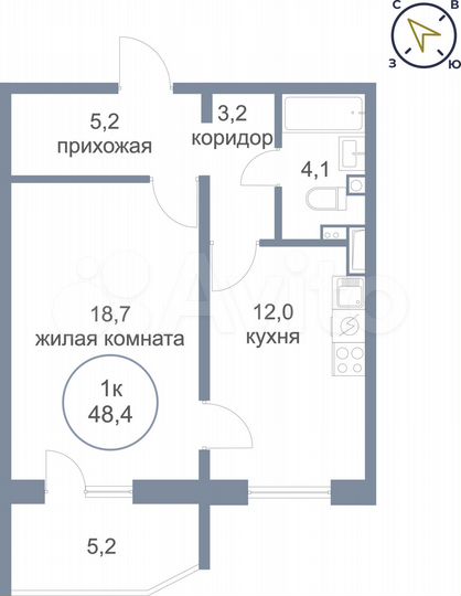 1-к. квартира, 48,4 м², 1/17 эт.
